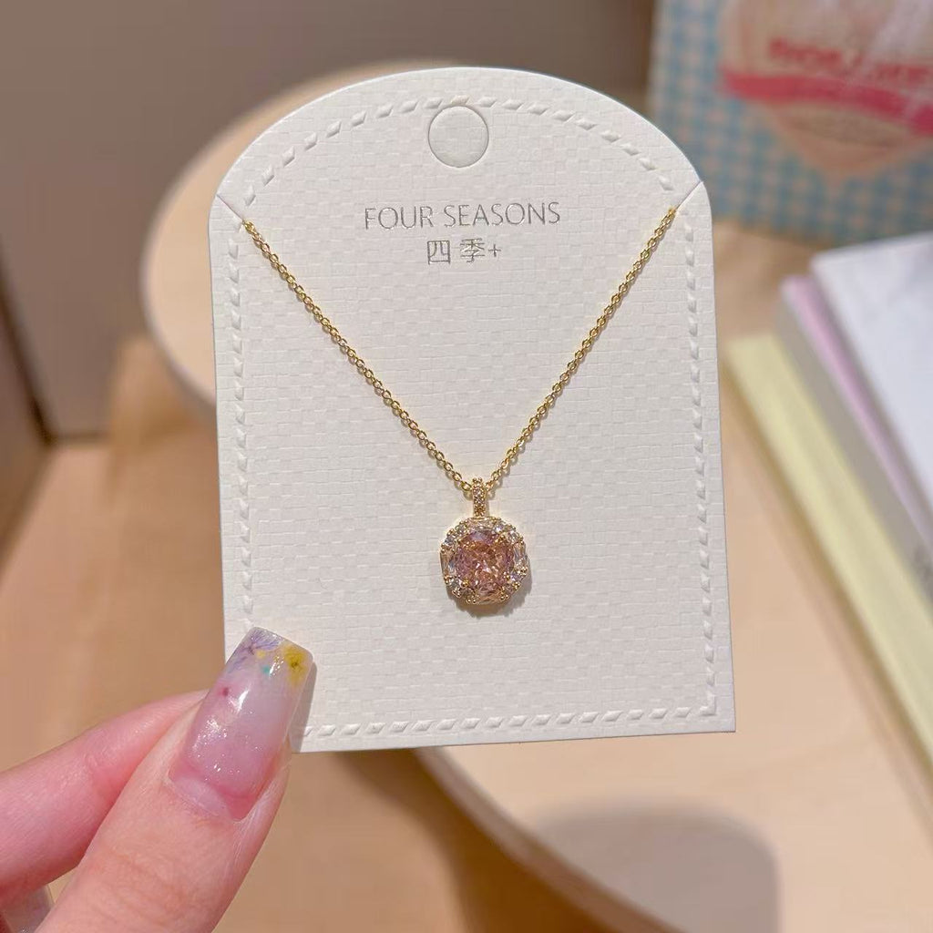 Sweet Pink CZ Cube Pendant Necklace Luxury Niche Everyday Clavicle Chain