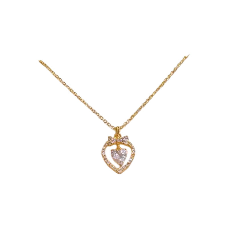 Sweet Heart Bow Necklace, Niche Luxury Shiny Zircon Clavicle Chain, Girly Elegant Fashion Neck Jewelry for Women