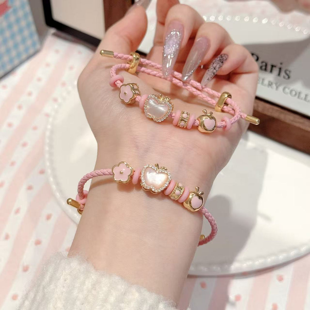 Sweet Pink Apple Bracelet, Luxury Niche Adjustable Leather Cord Bracelet, Girly Style All-match Fashion Hand Jewelry