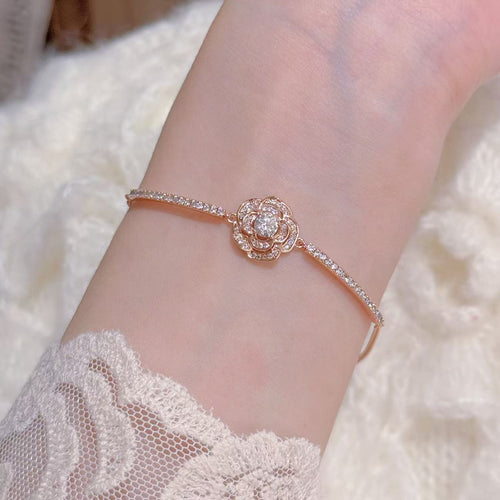 Camellia Flower Cubic Zirconia Bracelets for Women, Luxury Niche Sparkling Dainty Elegant Versatile Daily Fine Hand Jewelry