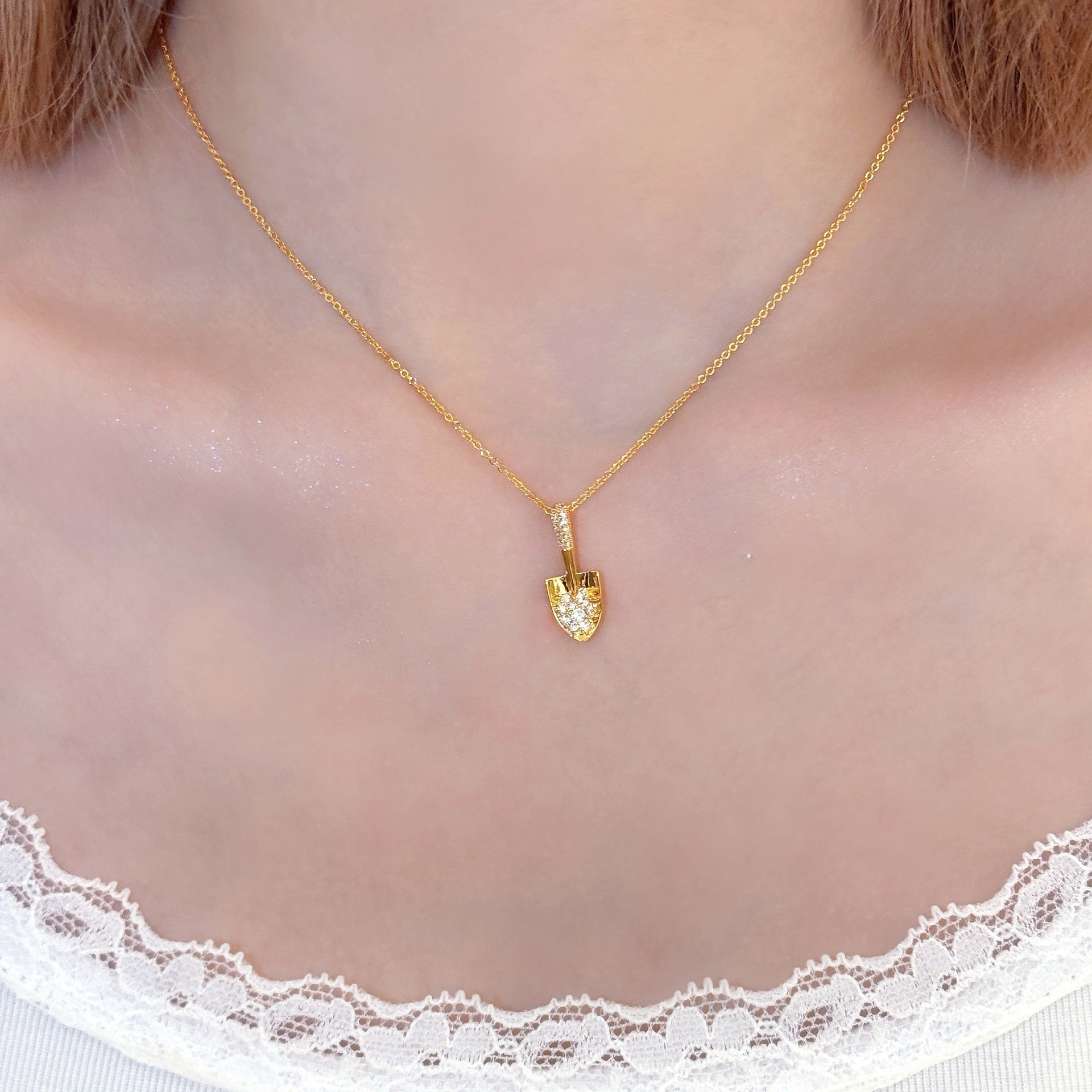 Golden Shovel Sand Gold Necklace, Non-fading Chinese Style Daily Neck Chain