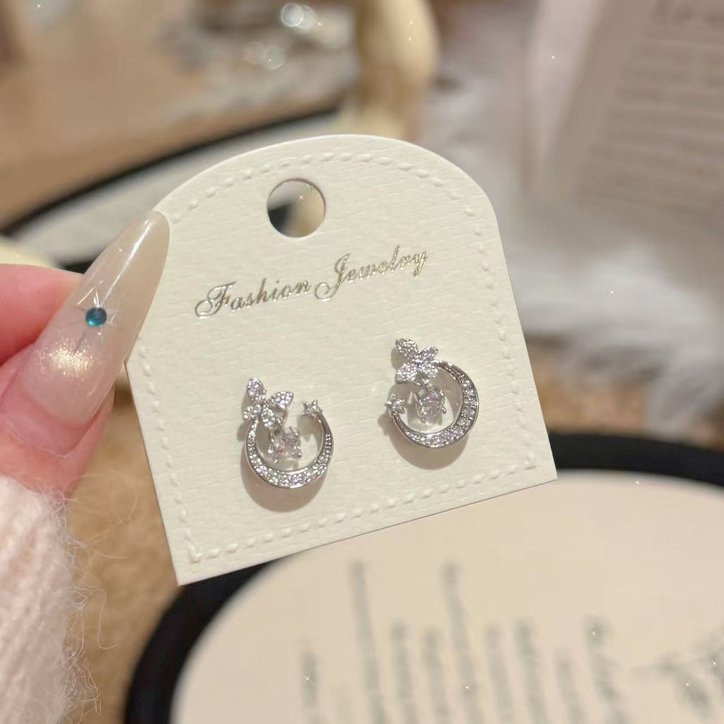 Moon & Flower Stud Earrings Under Moon Shadow, Luxury Elegant Versatile Dainty Women Earrings