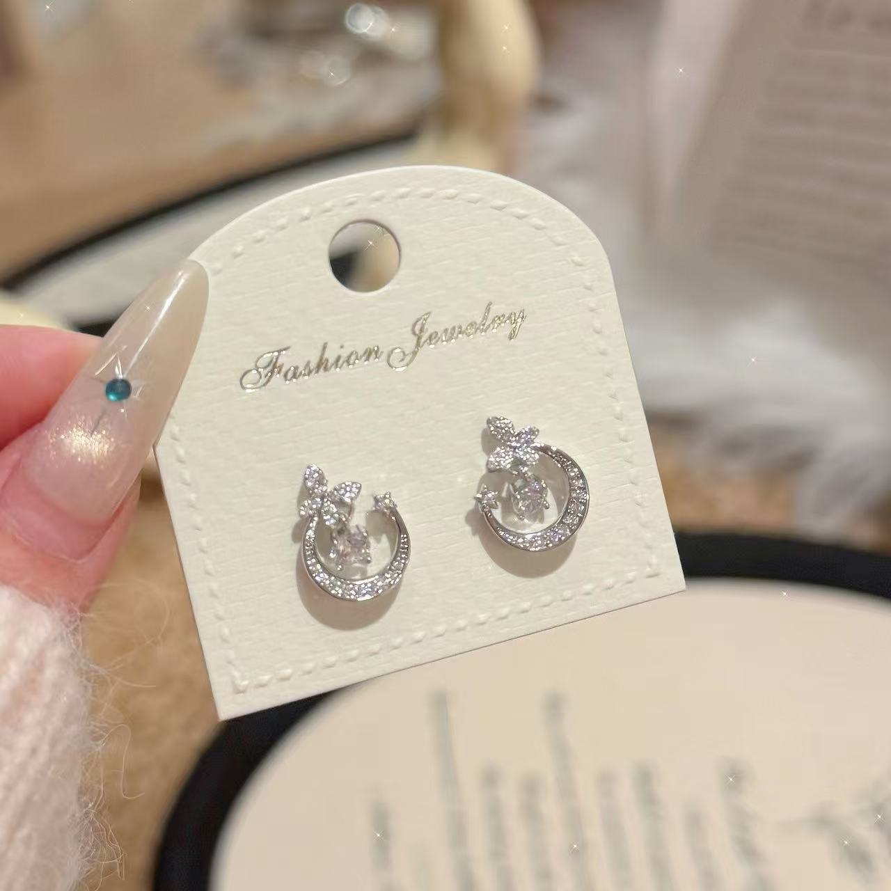 Moon & Flower Stud Earrings Under Moon Shadow, Luxury Elegant Versatile Dainty Women Earrings