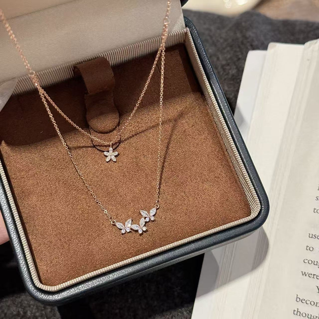 Double Layered Butterfly Flower Necklace Shiny Zircon Clavicle Chain Luxury Elegant All-match Fashion Jewelry for Women