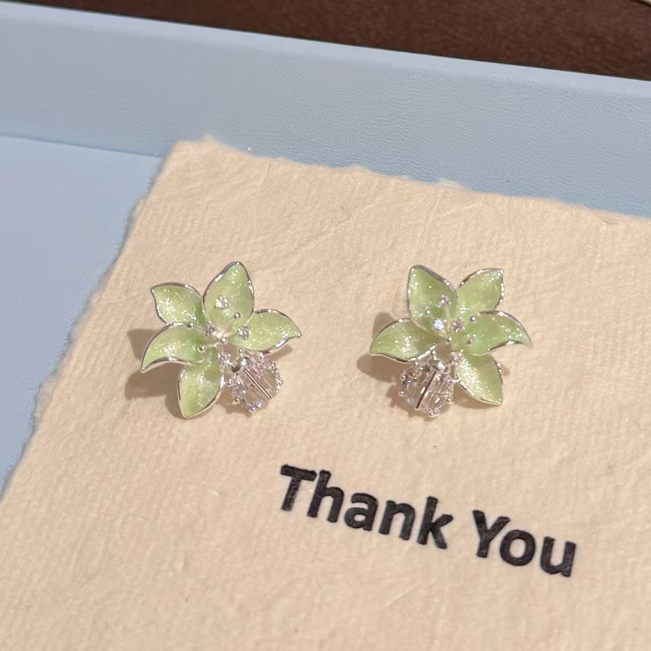 S925 Silver Enamel Flower Earrings, Sweet Retro Daily Ear Jewelry