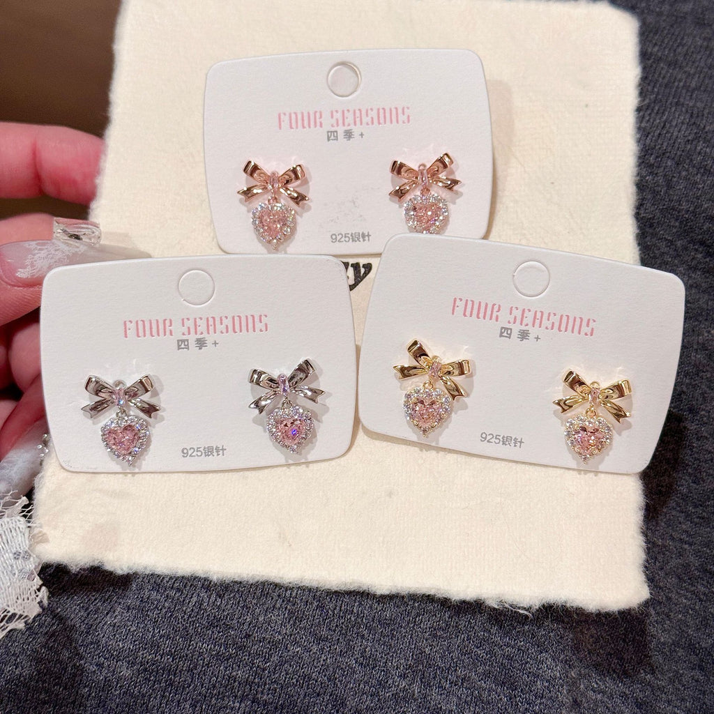 Korean Heart Bow Rhinestone Stud Earrings, Elegant Fashion Earrings For Ladies