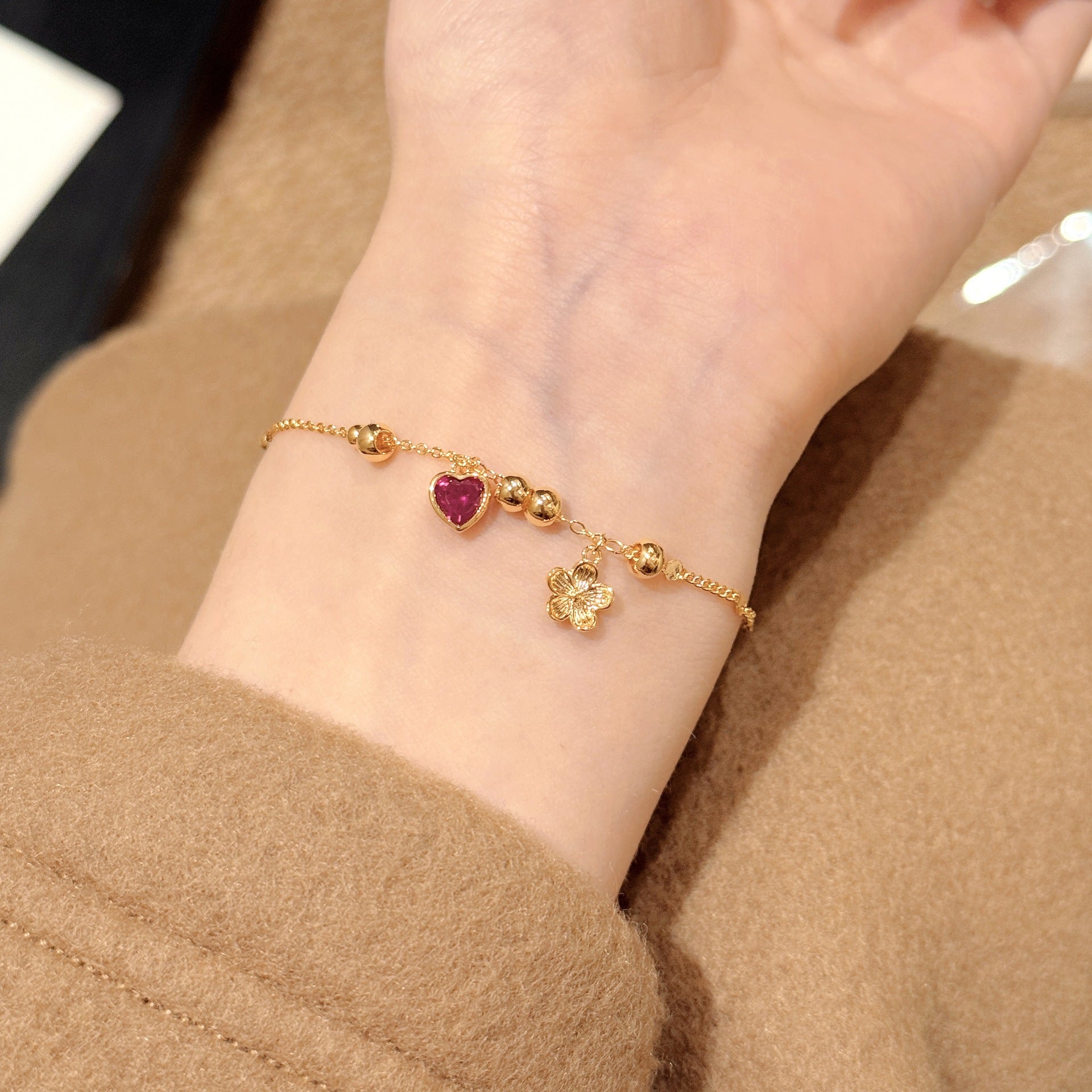 Heart Shape Sand Gold Bracelet, National Trend Luxury Hand Jewelry, Inlaid Natural Zircon Sweet Heart