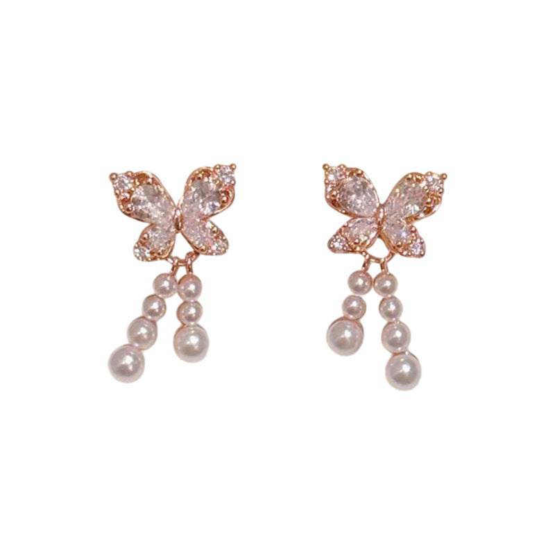 Butterfly Pearl Stud Earrings, S925 Sterling Silver Posts, Fresh Sweet Elegant Luxury Dainty All-match Earrings