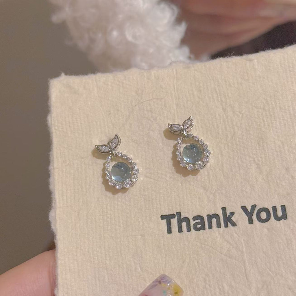 Blue Glass Bead Series Stud Earrings, Luxury Cool Tone Dainty Elegant Sweet Women Earrings