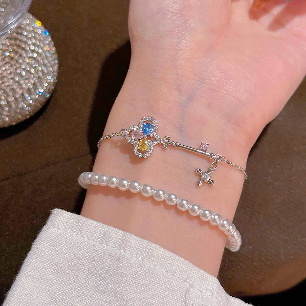 Magic Key Double Layer Pearl Bracelet, Spring New Luxury Elegant Wrist Jewelry, Exquisite Temperament All-match Bracelet