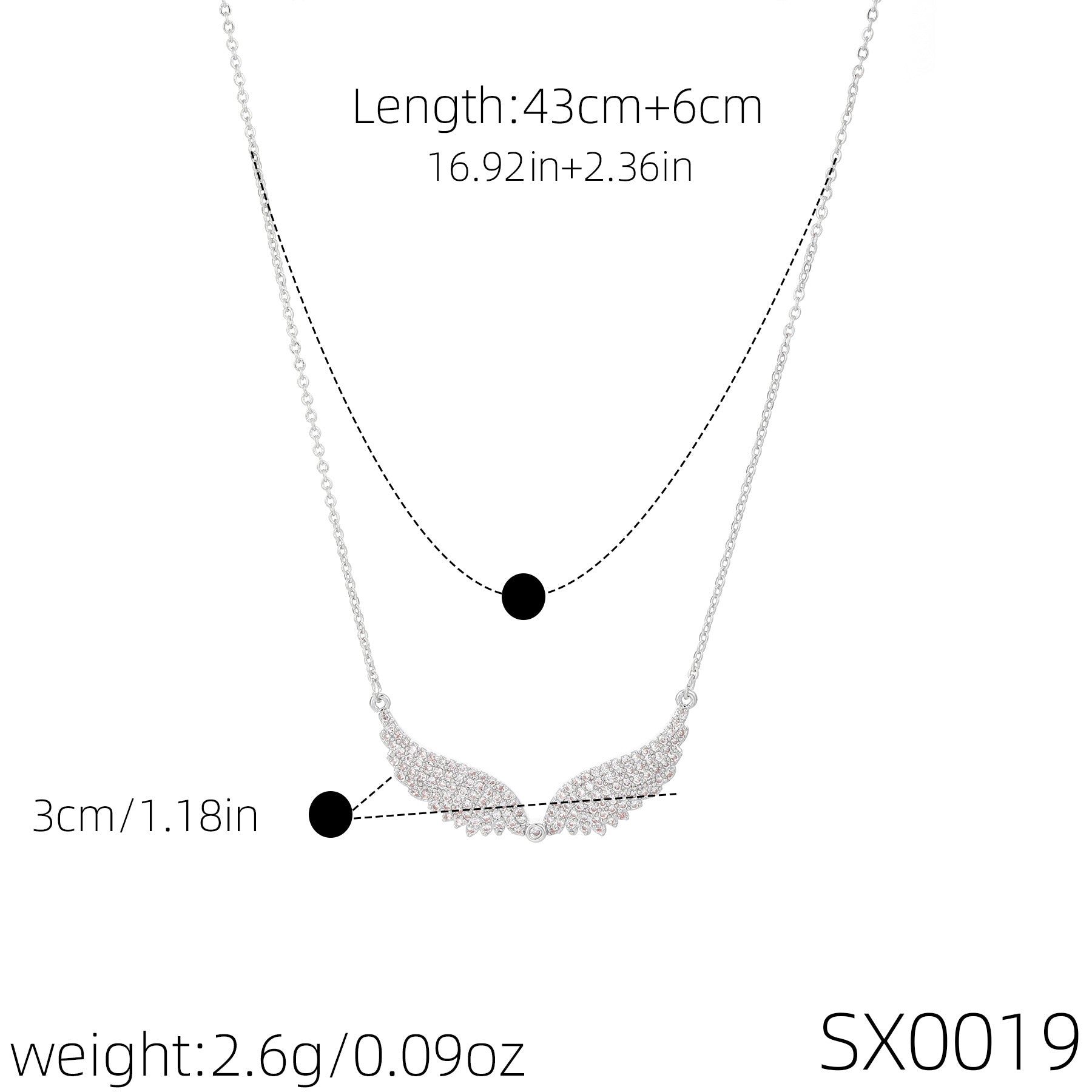 Sparkling Full Zircon Angel Wing Necklace, Elegant Luxury Daily Fashion Pendant Necklace