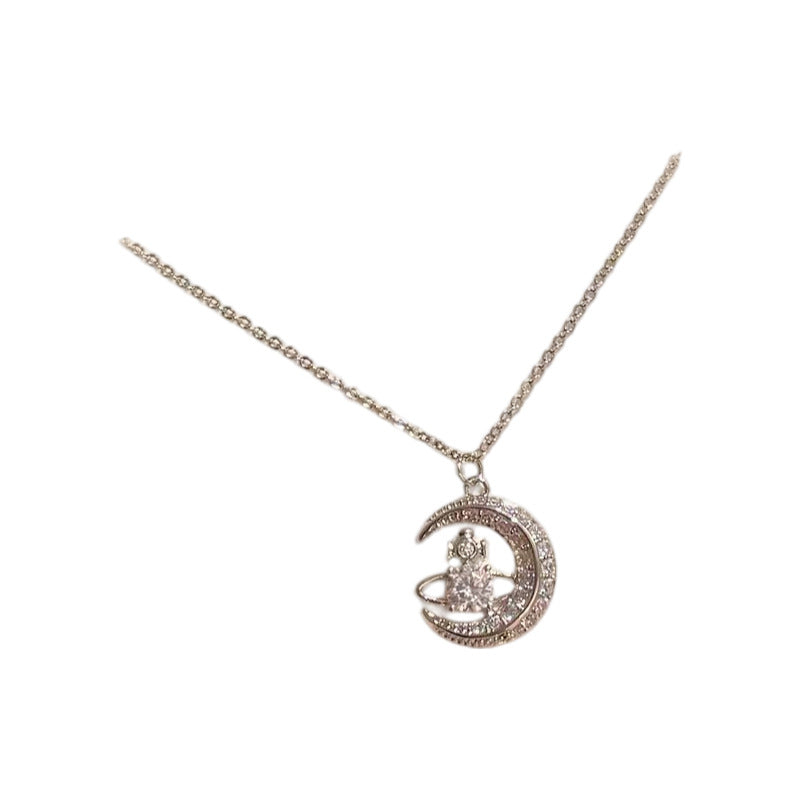 Romantic Celestial Moon Star Planet Cubic Zirconia Necklace, Niche Quiet Luxury Sweet Elegant All-Match Dainty Women Collarbone Jewelry