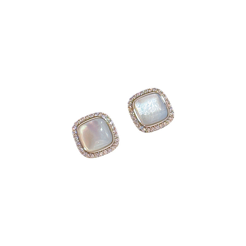 Square Natural Shell Stud Earrings with S925 Sterling Silver Posts, Curved Surface Minimalist Luxury Dainty Elegant Earrings