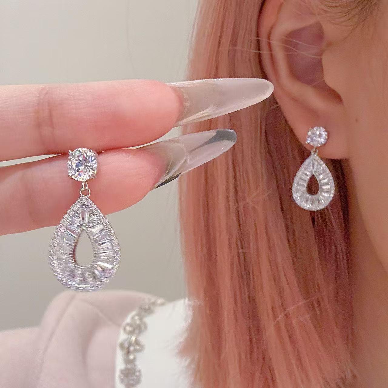 Luxury Quiet Luxury Teardrop Pendant Dangle Earrings, S925 Sterling Silver Post Dainty Elegant All-Match Women Fine Ear Jewelry