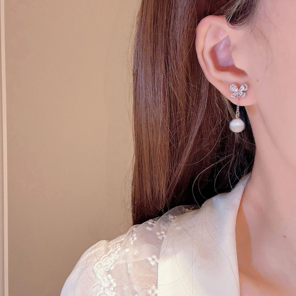 Butterfly Tassel Cat's Eye Stone Drop Earrings, S925 Sterling Silver Posts, Luxury Dainty Elegant All-match Stud Earring
