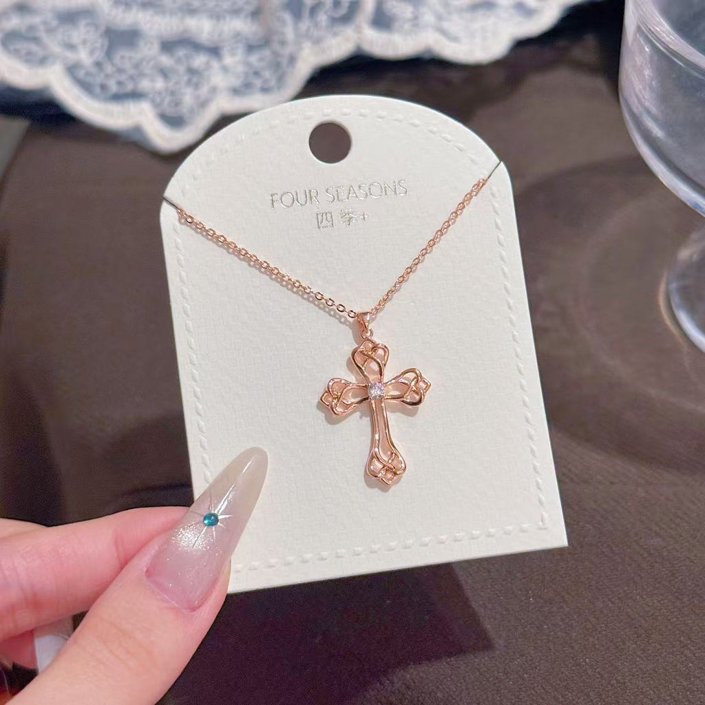 Spring New Hollow Cross Pendant Necklace, Vintage Luxury Dainty Clavicle Chain