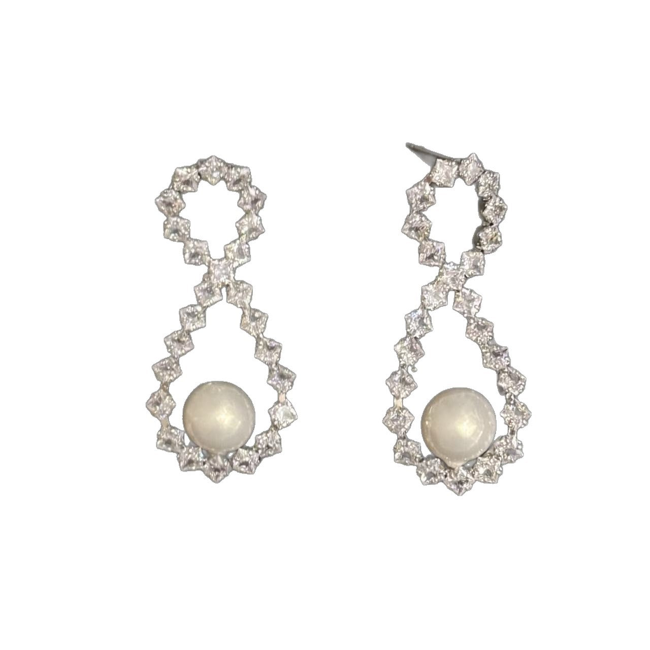 Rhombus Zircon Pearl S925 Silver Studs Luxury Rich Lady Women Earrings