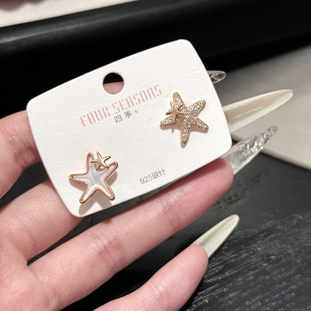 S925 Sterling Silver Starfish Stud Earrings, Ocean Luxury Niche Ear Jewelry
