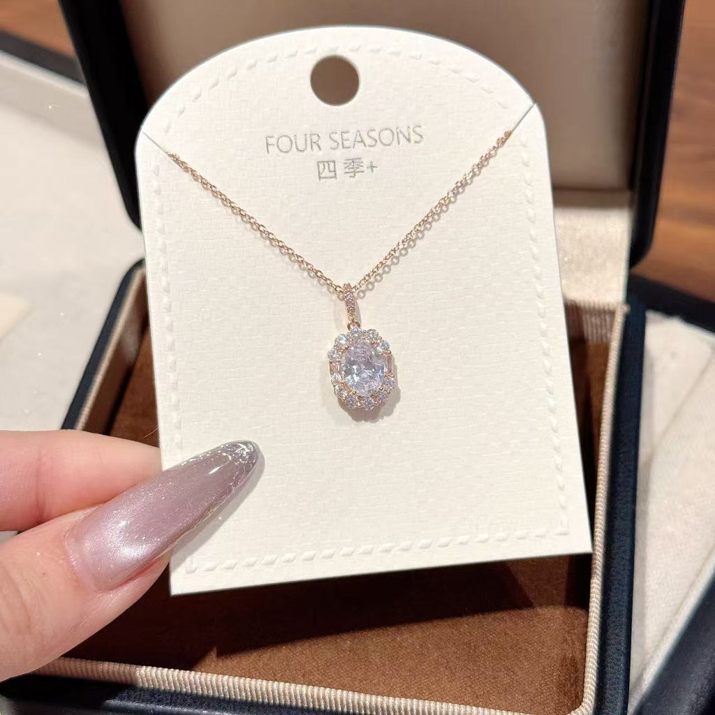 Luxury Vintage Oval Cubic Zirconia Pendant Necklace, Niche Upscale Dainty Elegant All-Match Choker Jewelry