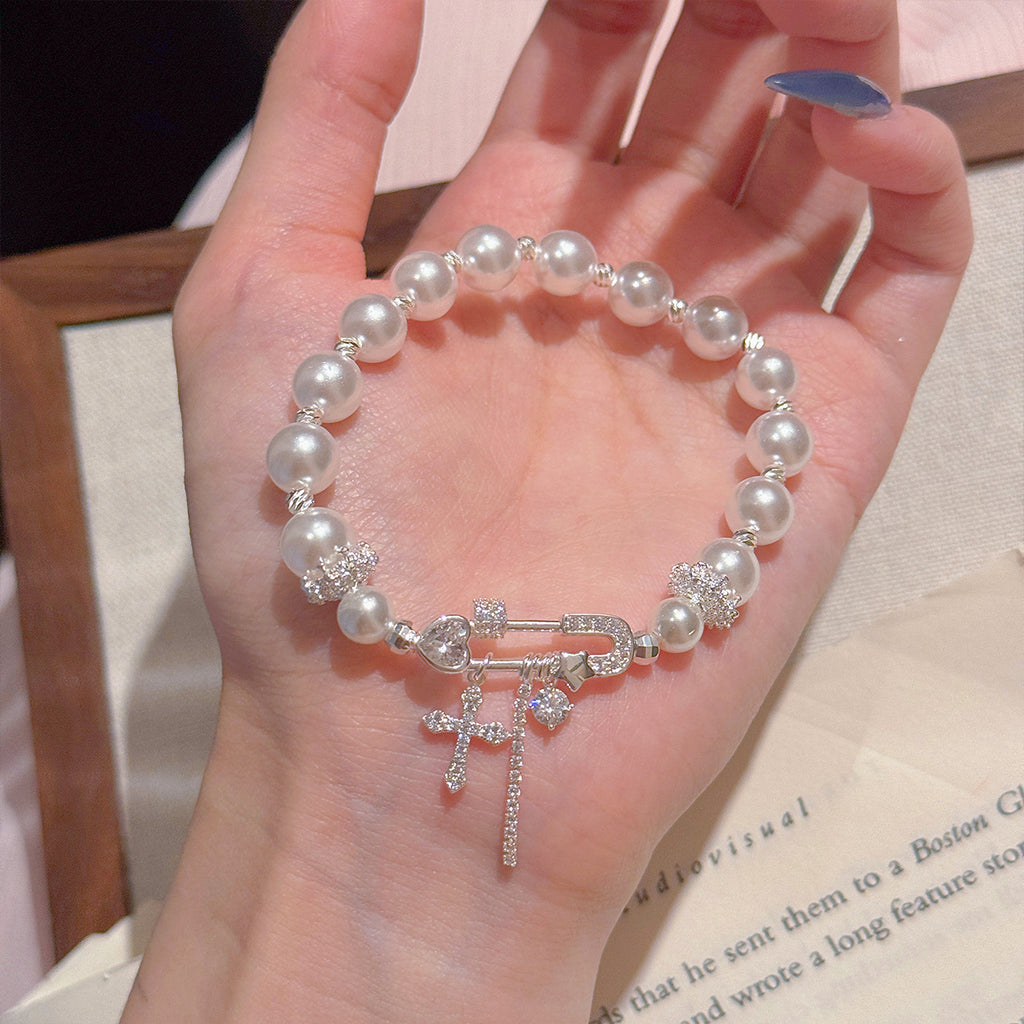 Paperclip & Cross Pearl Bracelet, Luxury Sweet Cool Versatile Women Daily Bracelet