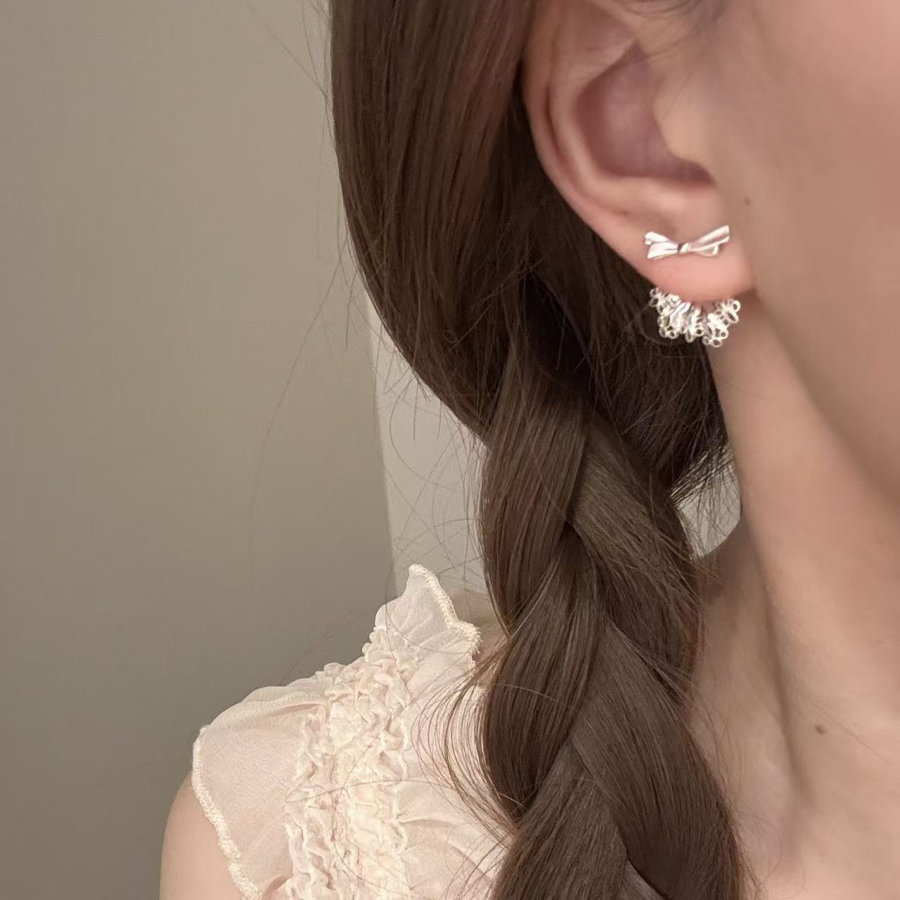 Ballet Aesthetic Bow & Lace Skirt Stud Earrings, Luxury Sweet Niche Dainty All-match Women Earrings