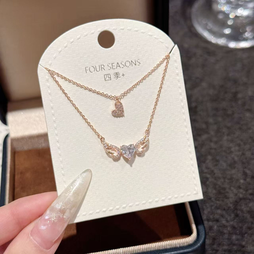 Sparkling Full Zircon Heart Wing Pendant, Elegant High-End Clavicle Chain, Romantic Women Accessories