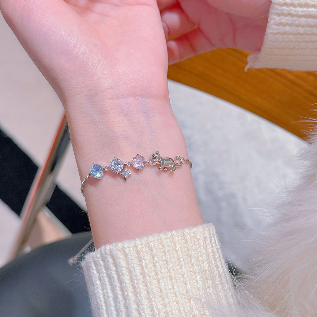 Preppy Luxury Sparkling CZ Cat Charm Bracelet Trend Daily Women Accessory