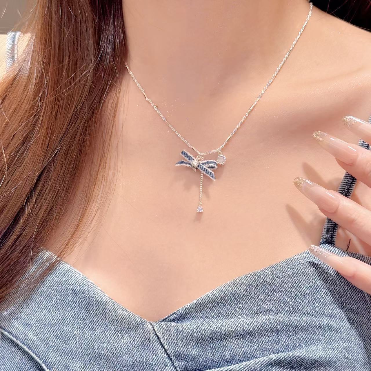 Autumn Winter Fashion Accessories Denim Bow Earrings Star Moon Earrings, Exquisite High-end Versatile Earrings & Matching Necklace Jewelry Set for Women