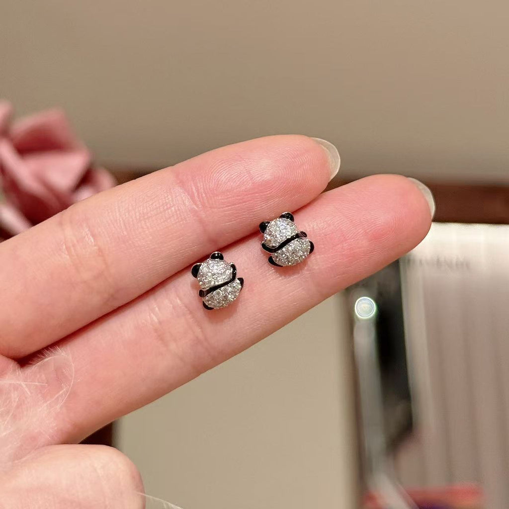 Panda Zircon Stud Earrings, Luxury Cute Silver Needle Earrings, Fashion Niche Versatile Animal Ear Jewelry