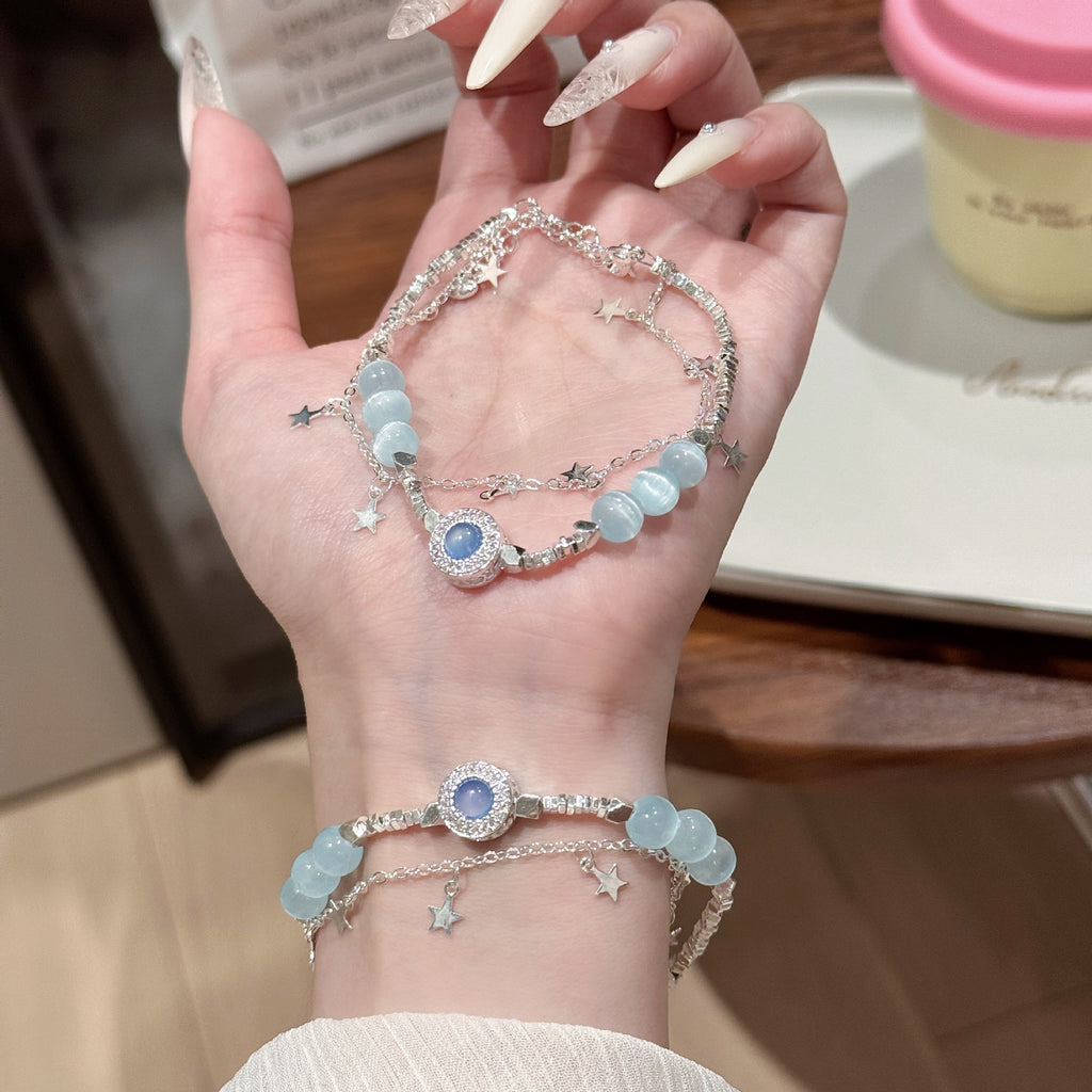 Aquamarine Cat Eye Stone Bracelet, Delicate Crushed Silver Temperament Women Daily Bracelet
