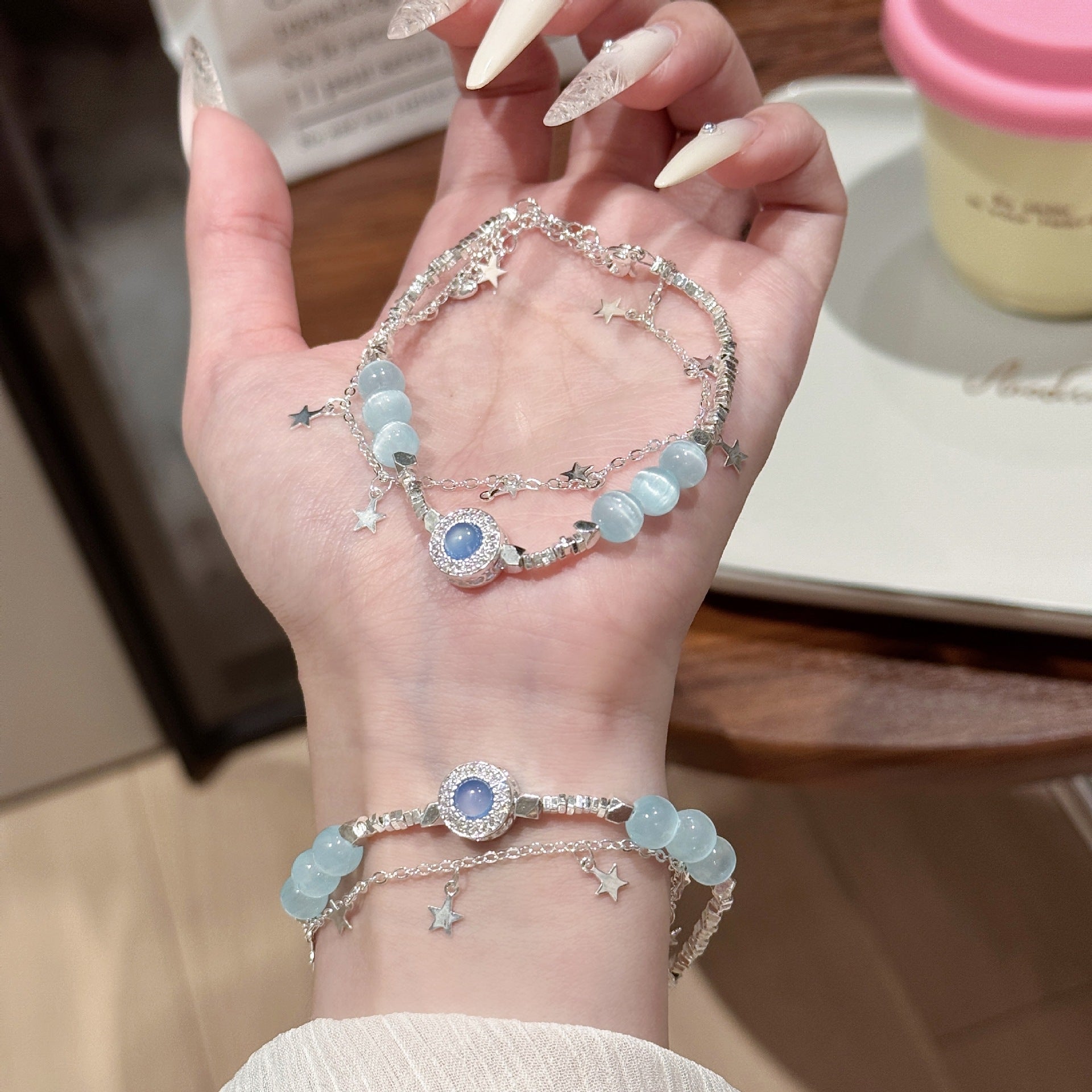 Aquamarine Cat Eye Stone Bracelet, Delicate Crushed Silver Temperament Women Daily Bracelet
