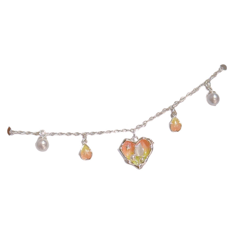 Spring Vibe Heart Flower Pearl Bracelet, Light Luxury Niche Gradient Enamel Sweet Temperament Bracelet