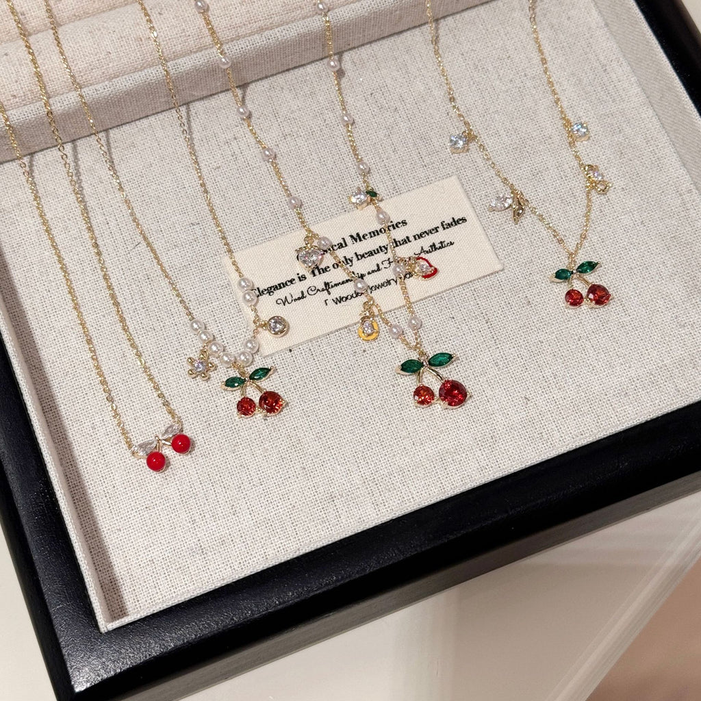 Red Cherry Necklace and Earrings Jewelry Set, Niche Luxury Elegant Clavicle Chain, Exquisite Temperament Fashion Accessories Set for Women