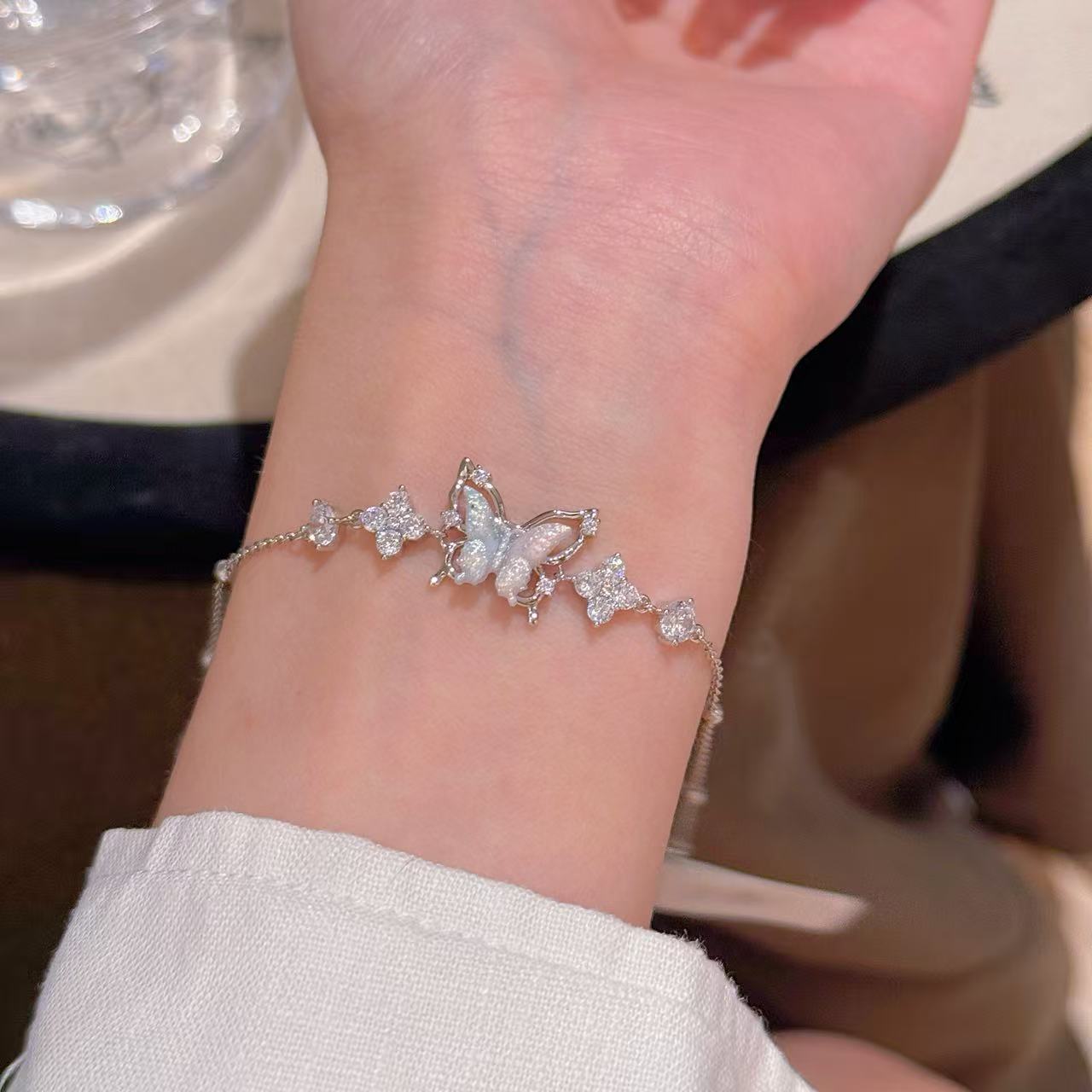 Two Tone Gradient Sparkling CZ Butterfly Bracelets for Women, Niche Luxury Dainty Elegant Sweet Versatile Fine Wrist Jewelry