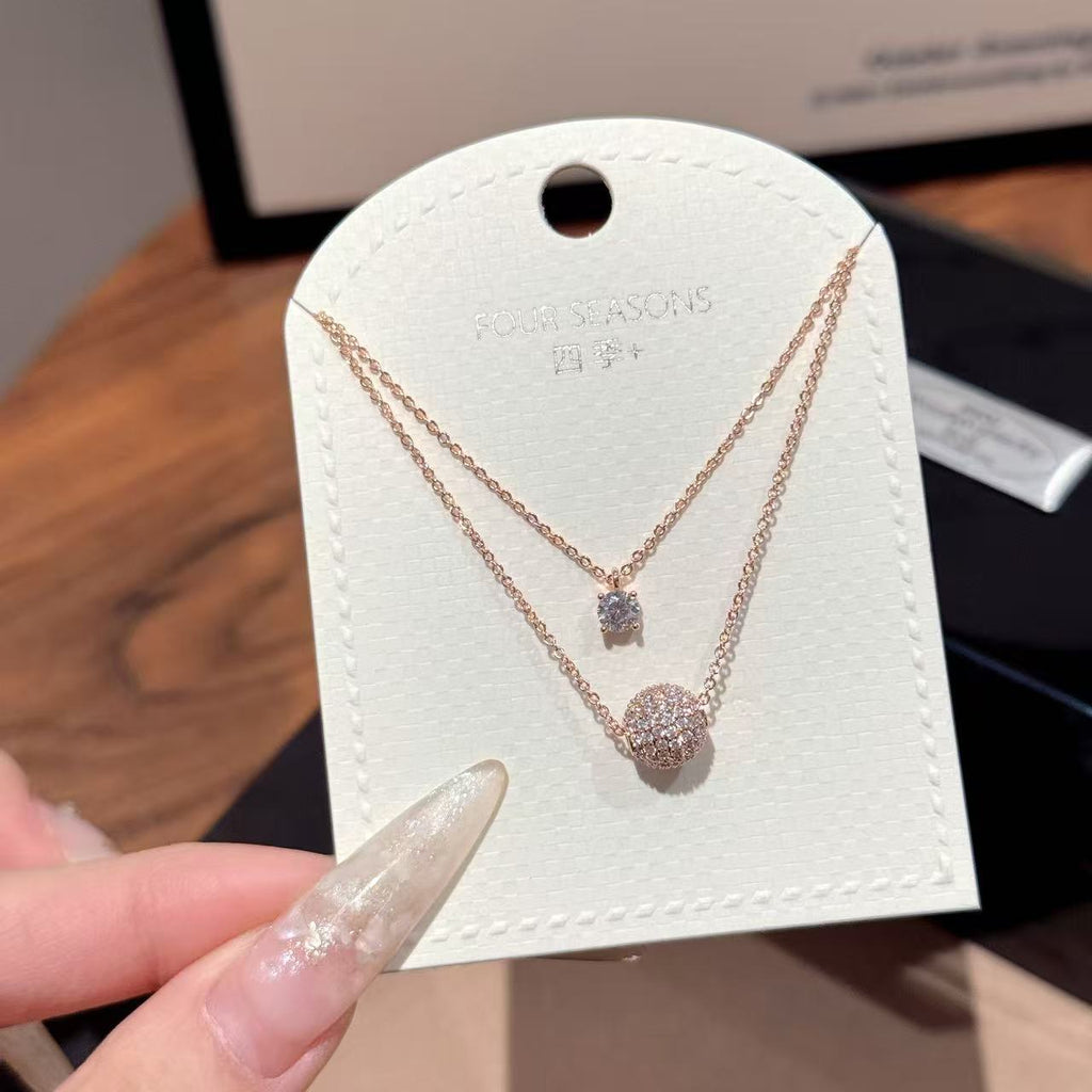 Double Layer Round Sparkling Cubic Zirconia Pendant Necklace, Luxury Niche Designer Elegant All-Match Office Commute Choker Clavicle Jewelry for Women