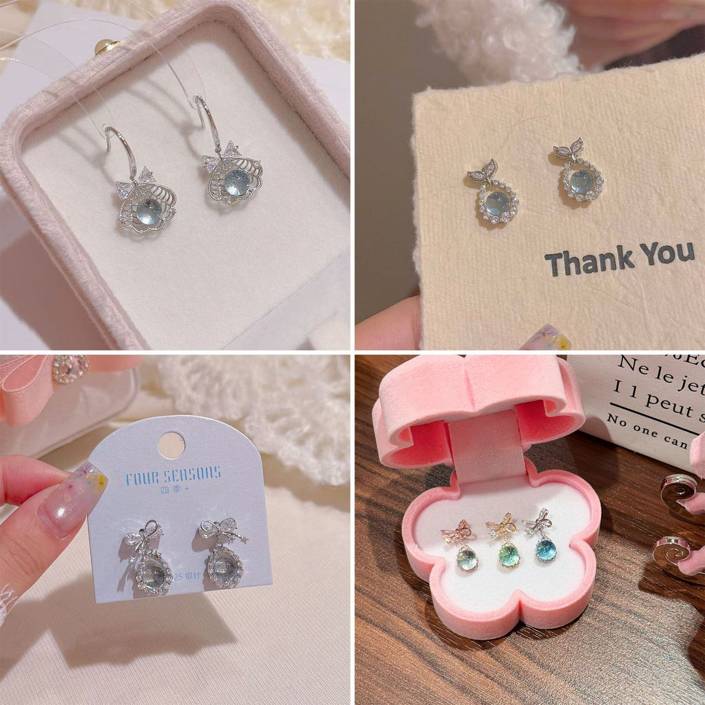 Blue Glass Bead Series Stud Earrings, Luxury Cool Tone Dainty Elegant Sweet Women Earrings