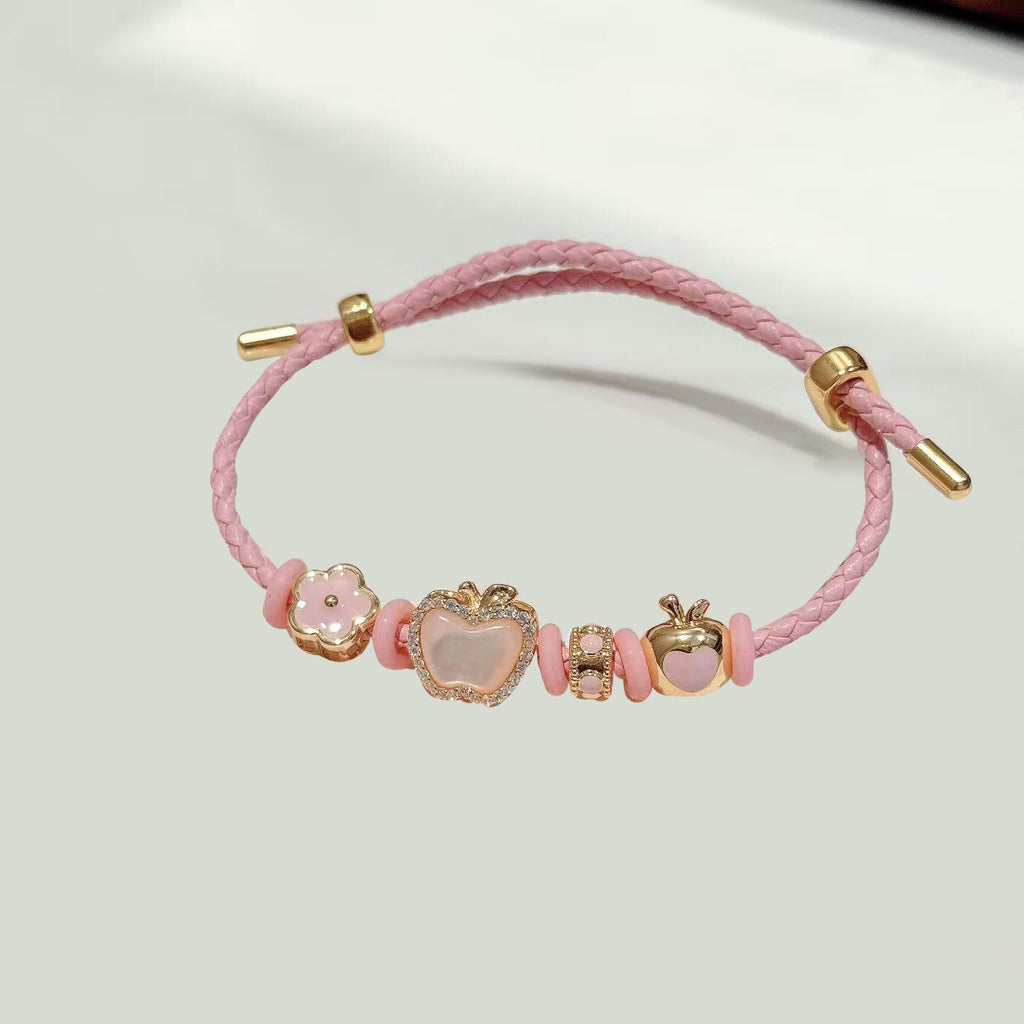 Sweet Pink Apple Bracelet, Luxury Niche Adjustable Leather Cord Bracelet, Girly Style All-match Fashion Hand Jewelry