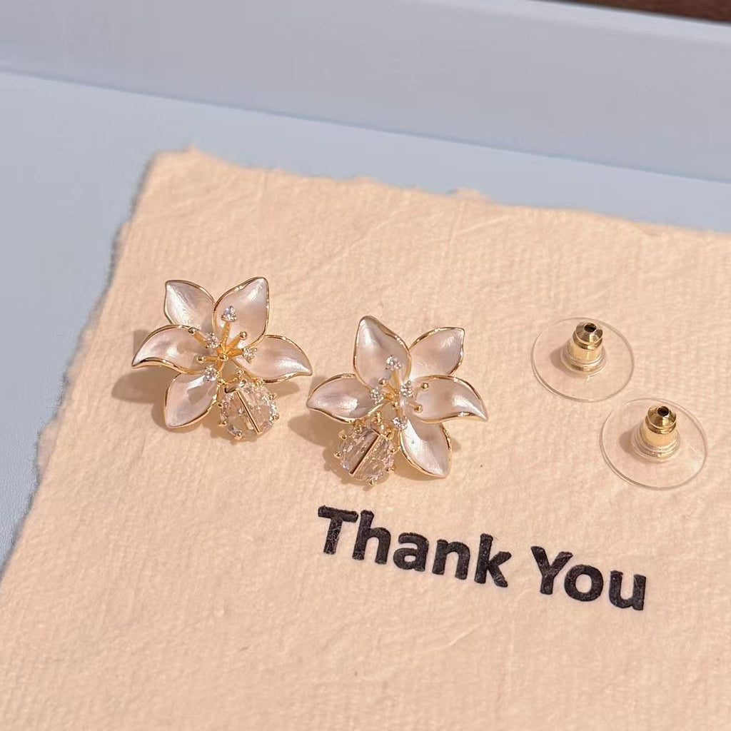 S925 Silver Enamel Flower Earrings, Sweet Retro Daily Ear Jewelry