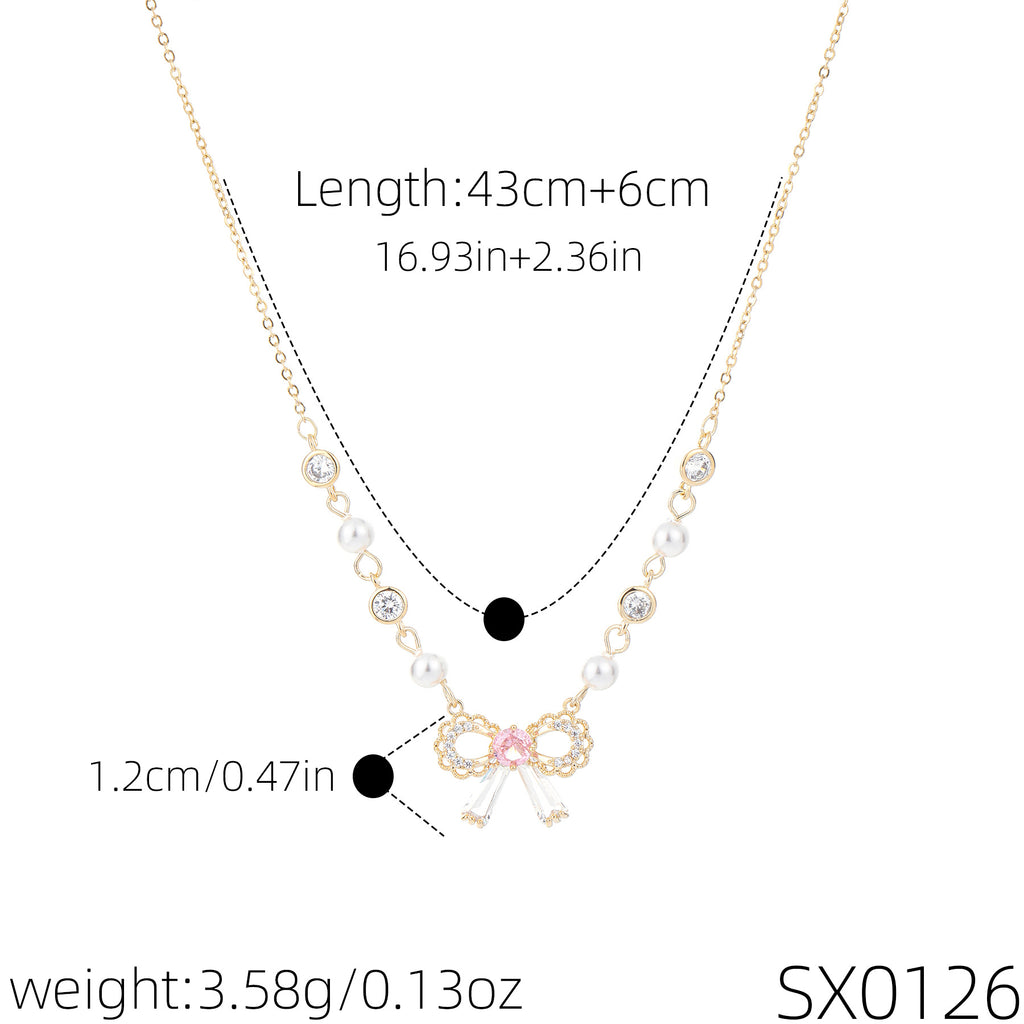 Lace Bow Pearl Clavicle Necklace, Vintage French Sweet Luxury Women Daily Neck Jewelry