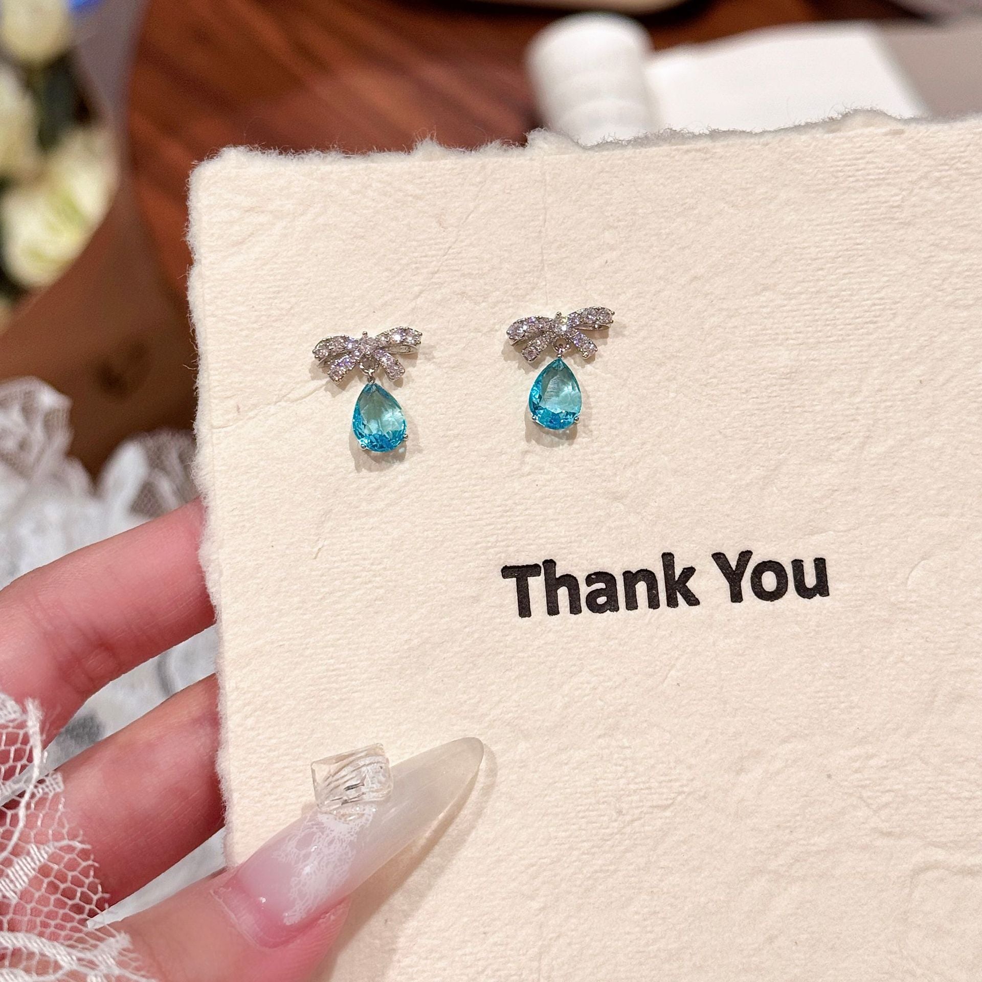 Water Drop Color Zircon Earrings, French Shiny Bow Stud Earrings, Luxury Elegant Niche Exquisite Jewelry