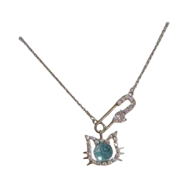 Cat Sea Blue Glass Necklace, Luxury Niche Pin Clavicle Chain, Cute Sweet Exquisite Temperament Pendant