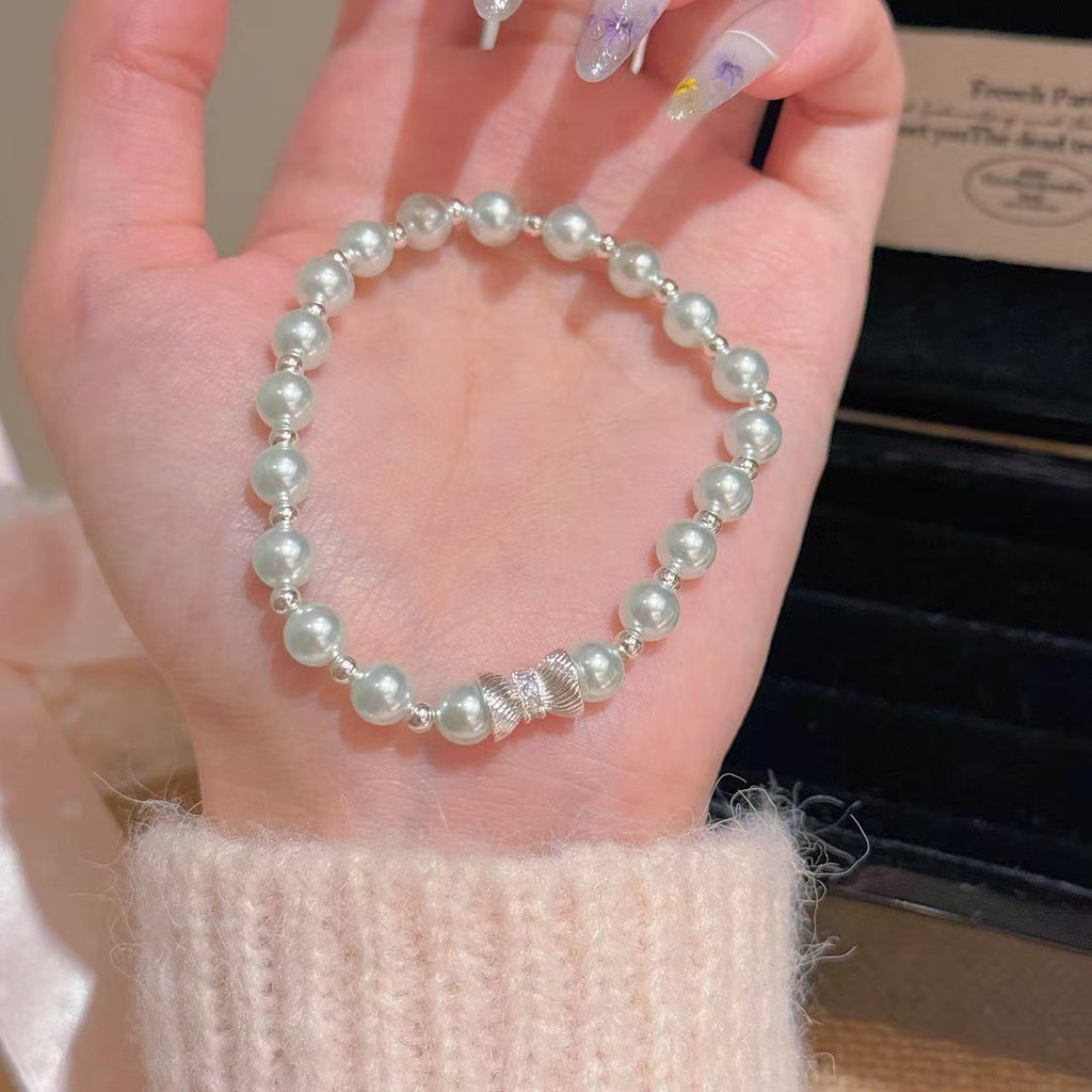 Cold Tone Bow Pearl Bracelet, Luxury Niche Elegant Hand Chain, Exquisite Birthday Gift Versatile Women Jewelry