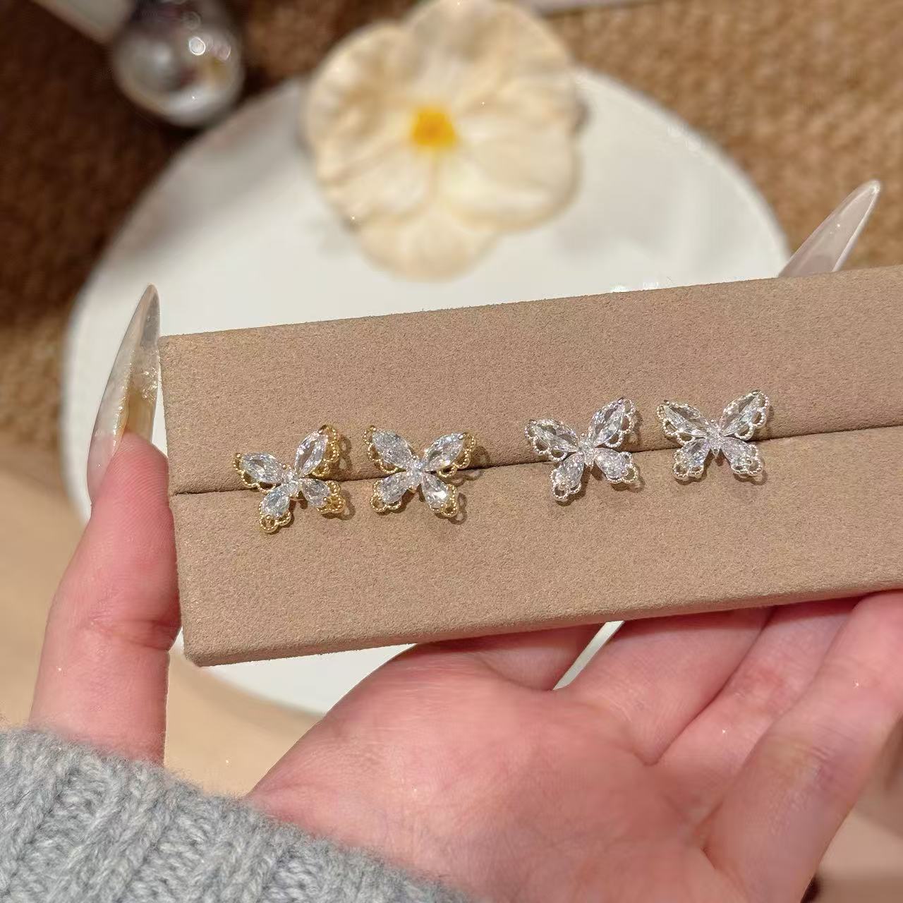 Spring New Lace Butterfly Stud Earrings, Sparkling Luxury 925 Sterling Silver Needle Earrings, Exquisite Elegant Fashion Ear Jewelry