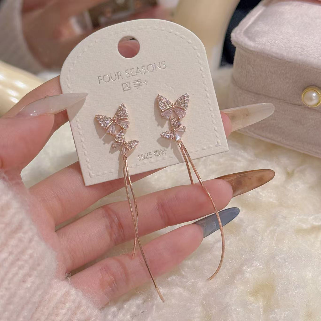S925 Silver Double Butterfly Tassel Earrings Elegant Ladies Drop Studs