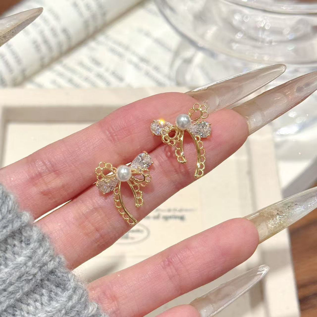 Lace Bow Zircon Earrings, Sweet Luxury Silver Needle Daily Studs