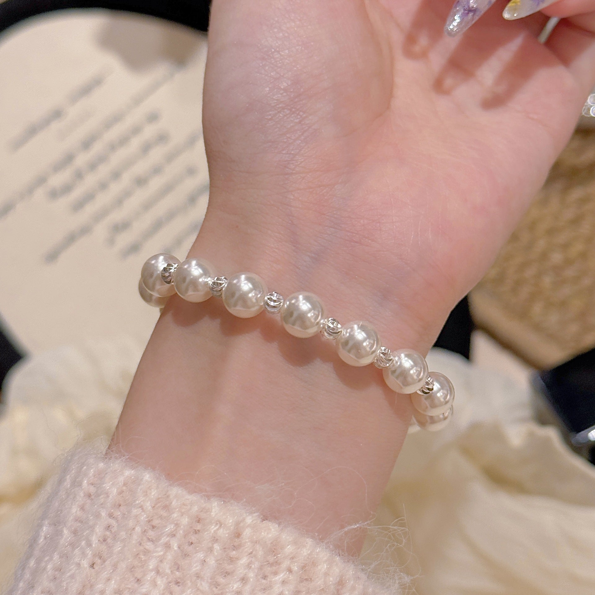 Korean Style Pearl & Broken Silver Bracelet, Luxury Elegant Wrist Jewelry, Minimalist Delicate Versatile Daily Bangle for Women