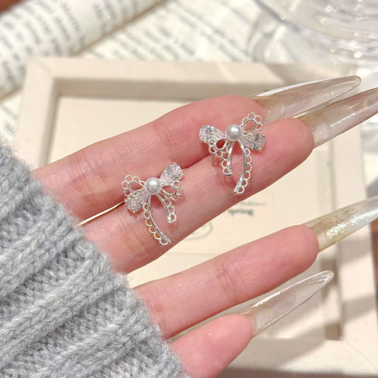 Lace Bow Zircon Earrings, Sweet Luxury Silver Needle Daily Studs
