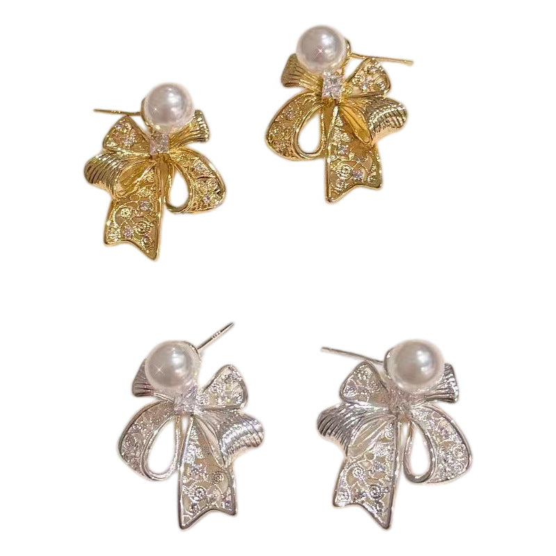 Bow Pearl Stud Earrings, Hollow Vintage Dainty Earrings, S925 Sterling Silver Needle, Luxury Elegant Jewelry for Daily Wear