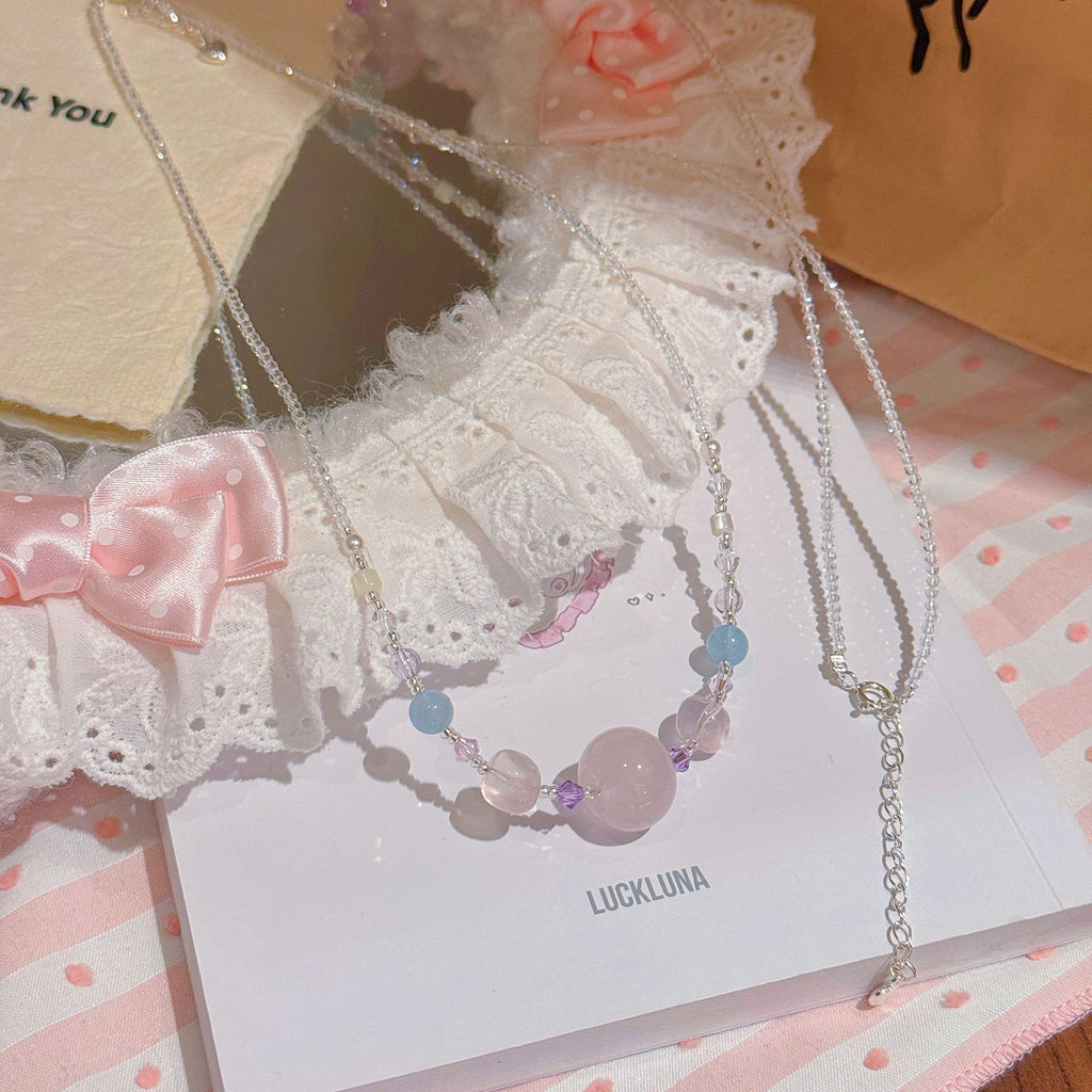 Beaded Pink Crystal Necklace, Luxury Niche Sweet Clavicle Chain, Elegant All-match Dainty Women Jewelry