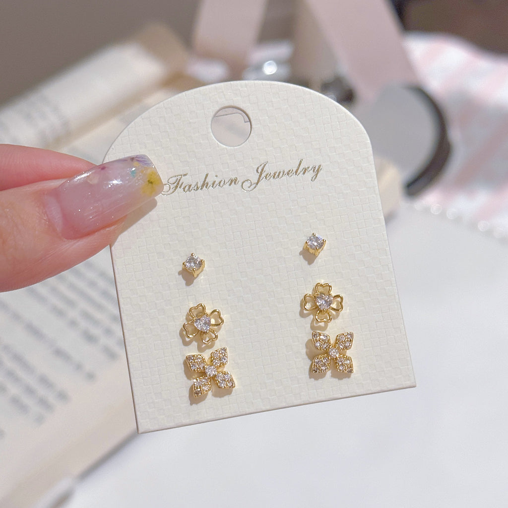 3 Pairs Lucky Flower Cubic Zirconia Stud Earrings Set for Women, Luxury Dainty Tiny Design Elegant Versatile Fine Ear Jewelry Pack